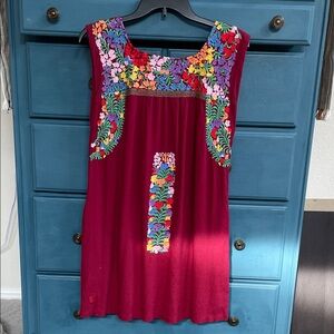 Elegant Floral Embroidered Dress - Burgundy and Multicolor